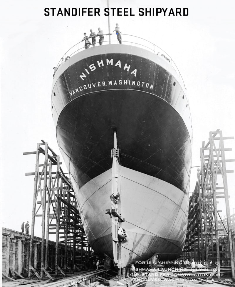 photo of the stern of the ship Nishmaha in drydock before launch