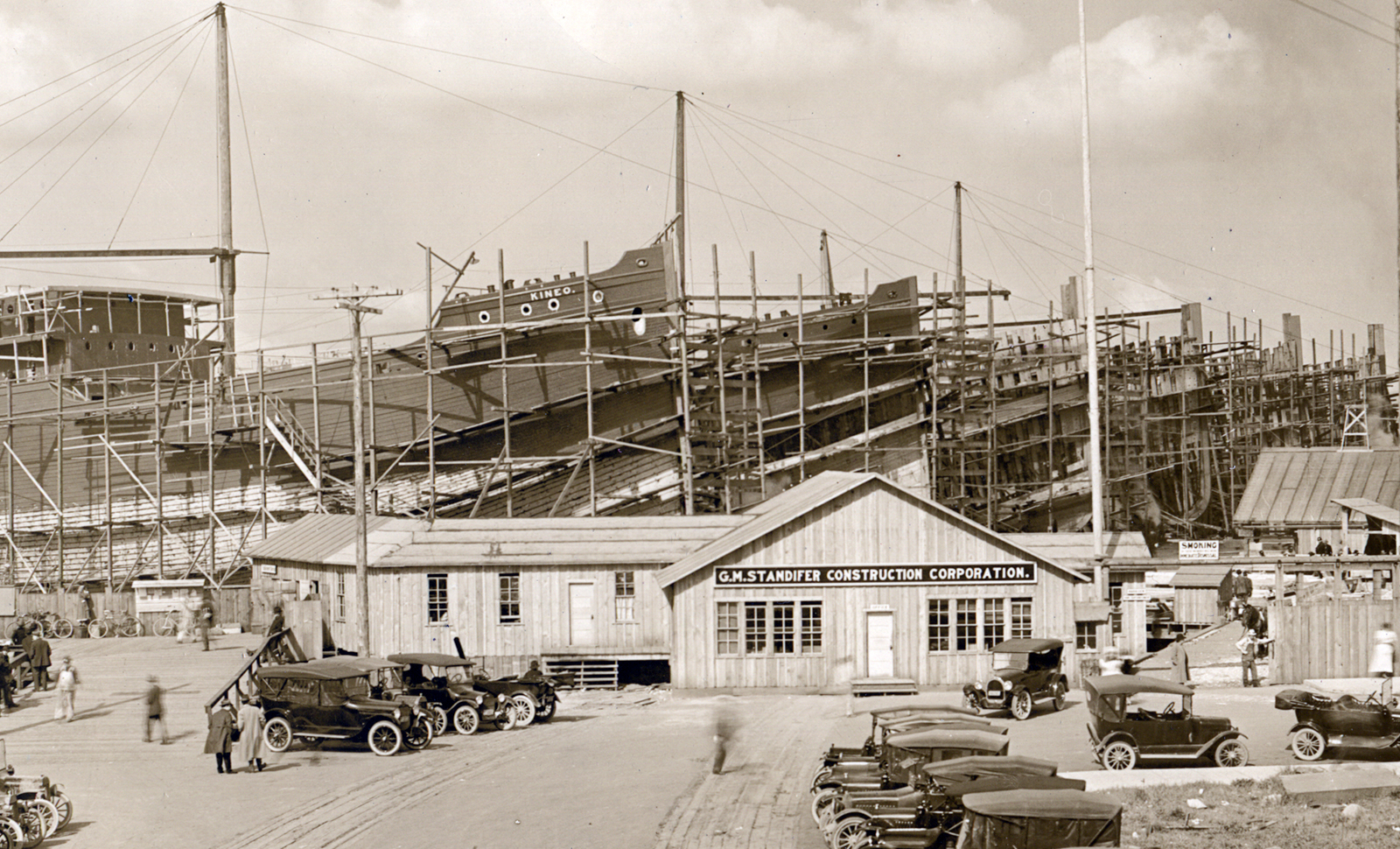 photo showing four ships under construction at the Standifer Shipyard